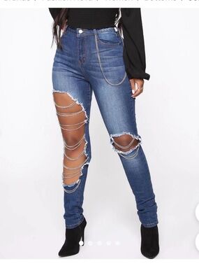 Fashion Nova Dark Blue Distressed Skinny Jeans with Gold Chain Trim
